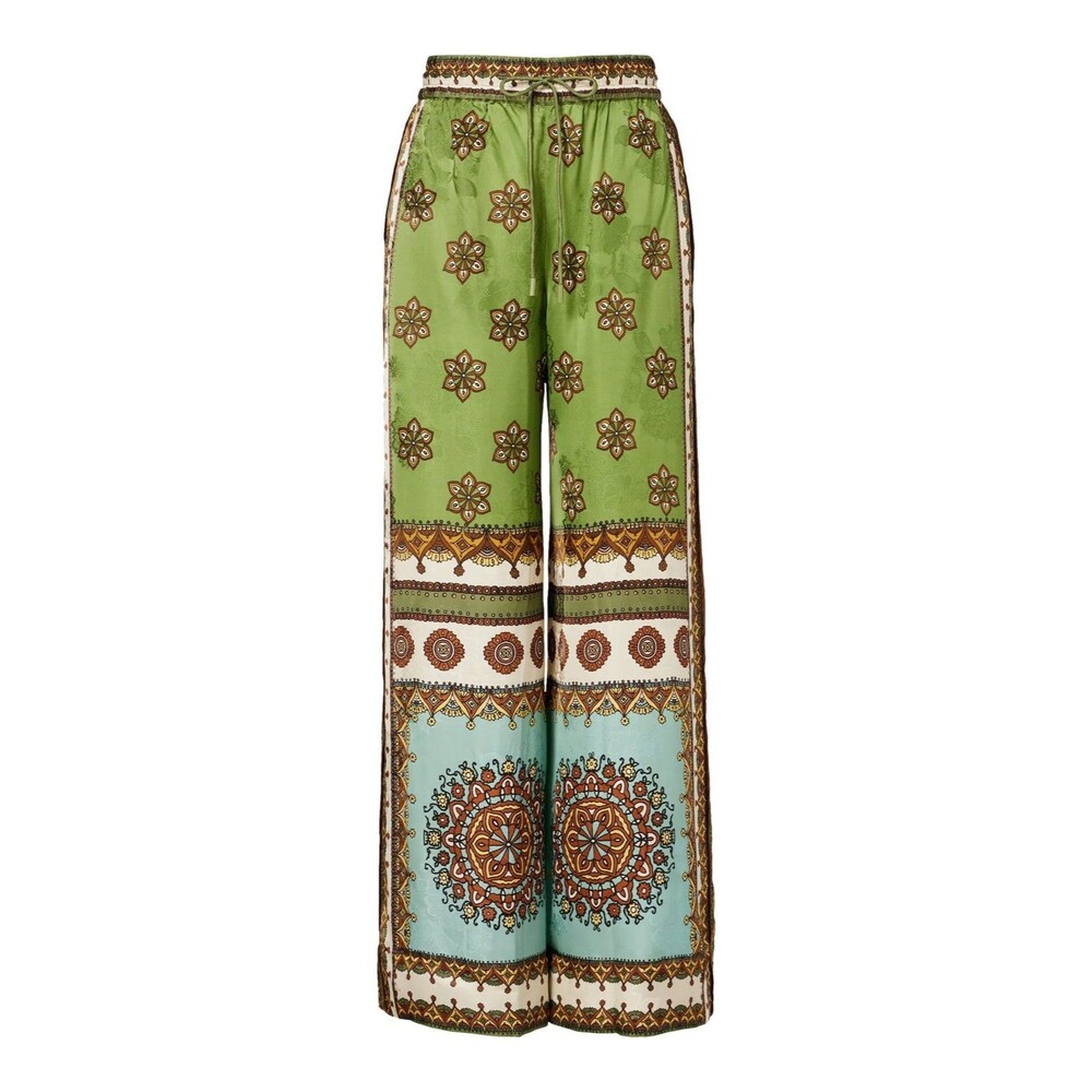 ALÉMAIS Contina Silk Jacquard Pants Size 10 Green Boho Wide Leg Border Print